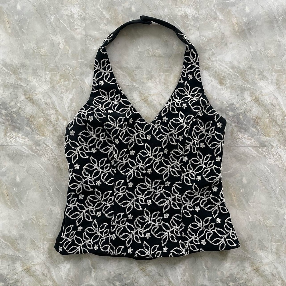 Xscape beaded floral Black and White Halter Top